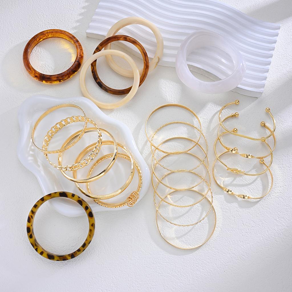 21 Pcs Fashion Geometric Wide Bangle Set for Women Retro Elegant Minimalist Gold Color Metal and Leopard Print Resin Bracelets