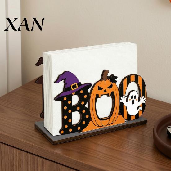 Spooky Home Decor Halloween Wooden BOO Napkin Holder, Cartoon Ghost Pumpkin Witch Hat Paper Towel Kids Room Wood Table Centerpiece for Party & Dining