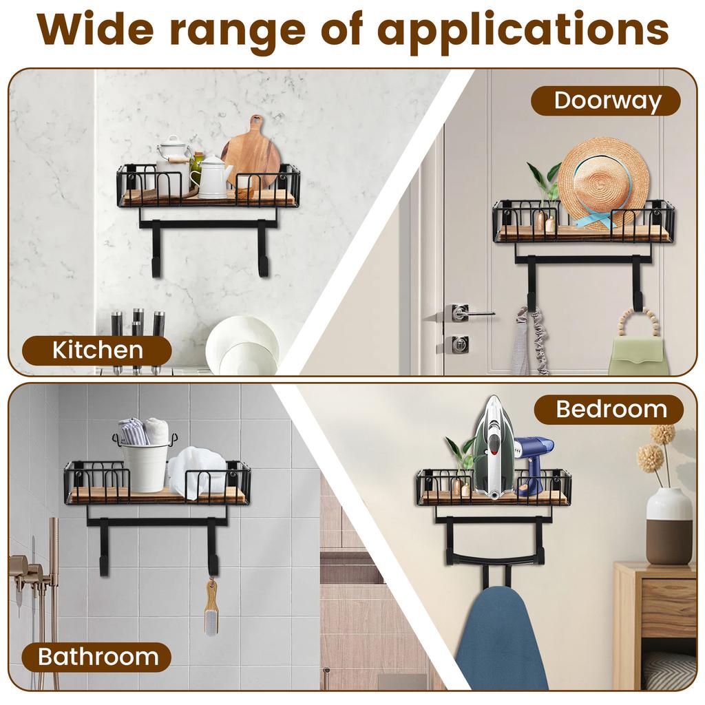 Ironing Board Hanger Wall Mount Ironing and Iron Board Hanger with Wood Storage Base Hooks Multifunctional Storage Holder Home