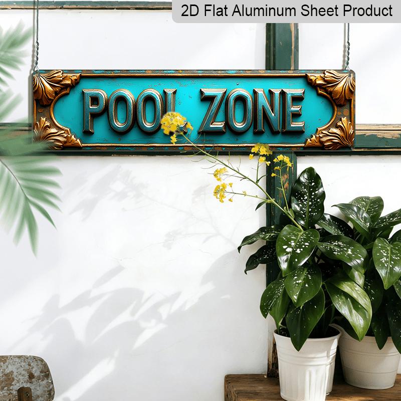2D Flat, 1pc Vintage Aluminium Decorative Sign, A Captivating Wall-Mounted Decoration Called POOL ZONE with A Frame of Golden Leaves. It Is Suitable