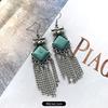 Temperament Retro Turquoise Earrings, Ancient Silver Water Drop Fringed Earrings, Women's Versatile Long Ear Jewelry