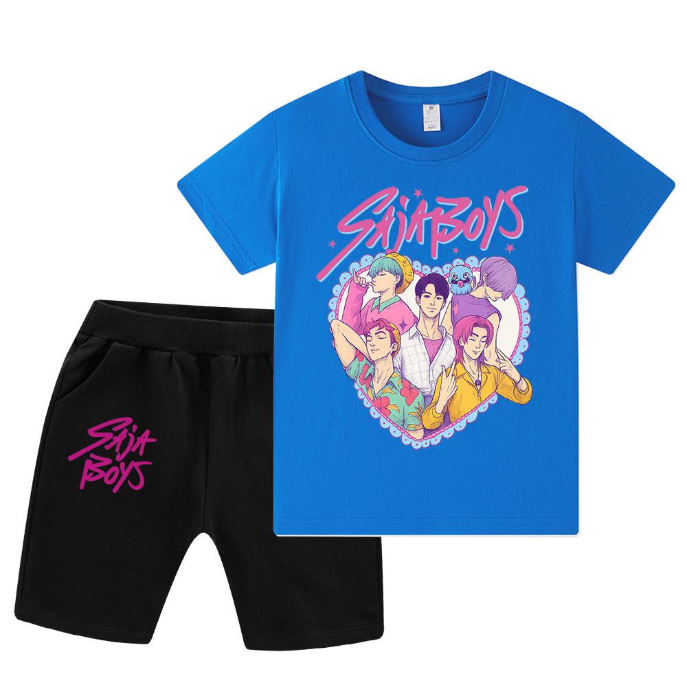 

WA1212 Kids Boys Girls Kpop Rumi Zoey Mira Sajaboys Print Short Sleeves T-shirt Shorts Pants Sets 140cm синій