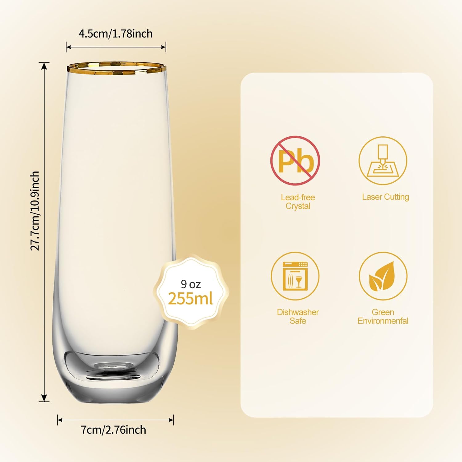 Stemless Champagne Flutes Set of 4, Gold Rim Champagne Glasses, Best Gift United States