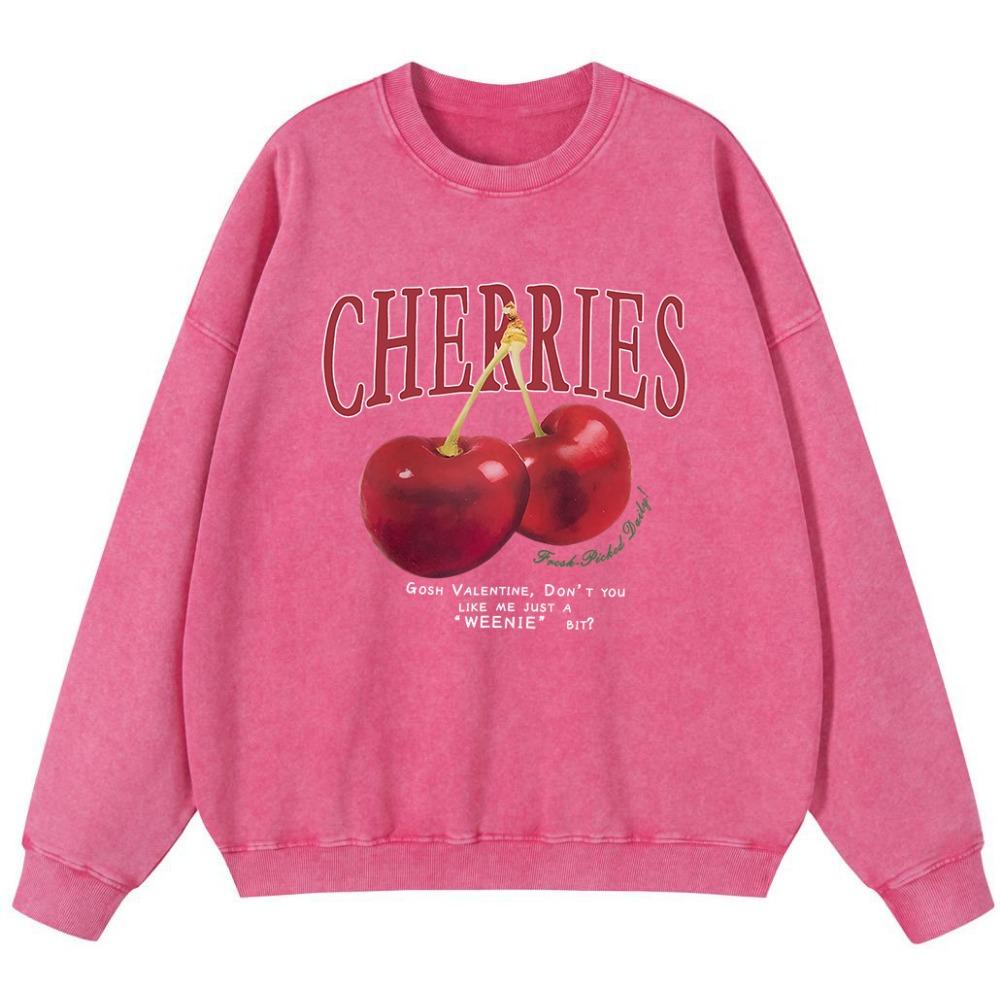 Fresh Red Cherries Printing Girl Vintage Washed Cotton Sweatshirt Pullover Fashion Oversize Hoody Thin style Tops