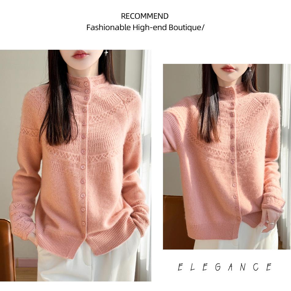 Women's Autumn/Winter 2026 Cashmere Thick Knit Cardigan Sweater with Half-High Neck