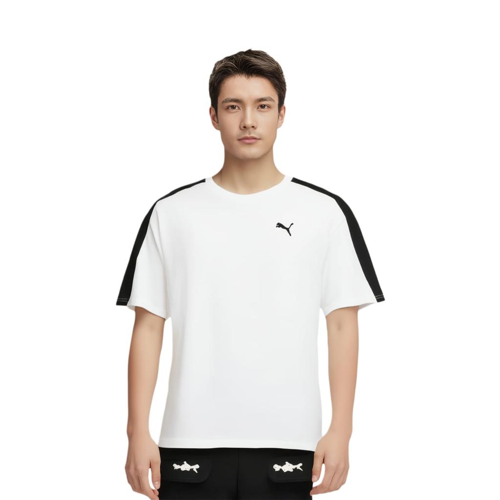 PUMA T7 T Shirts Men's White Crew Neck Moderate Straight Fit 634786-02