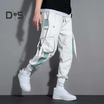 Men Cargo Pants Strap Decor Multi Pockets Loose Elastic Waist Ankle Banded Color Matching Hip Hop Streetwear Work Outdoor Trousers