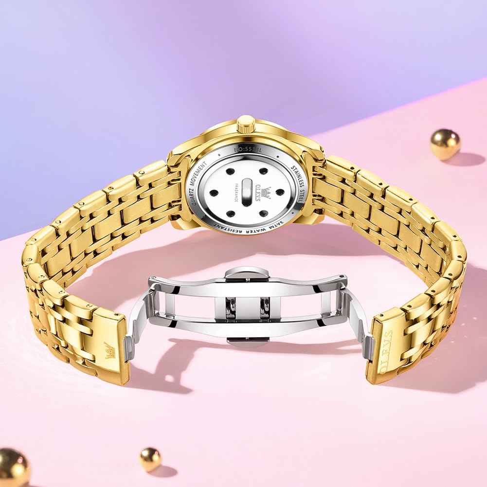 OLEVS Women's Scented Quartz Watch with Metal Band, Waterproof, Luminous, Date Display, Diamonds, Casual and Stylish, Gold