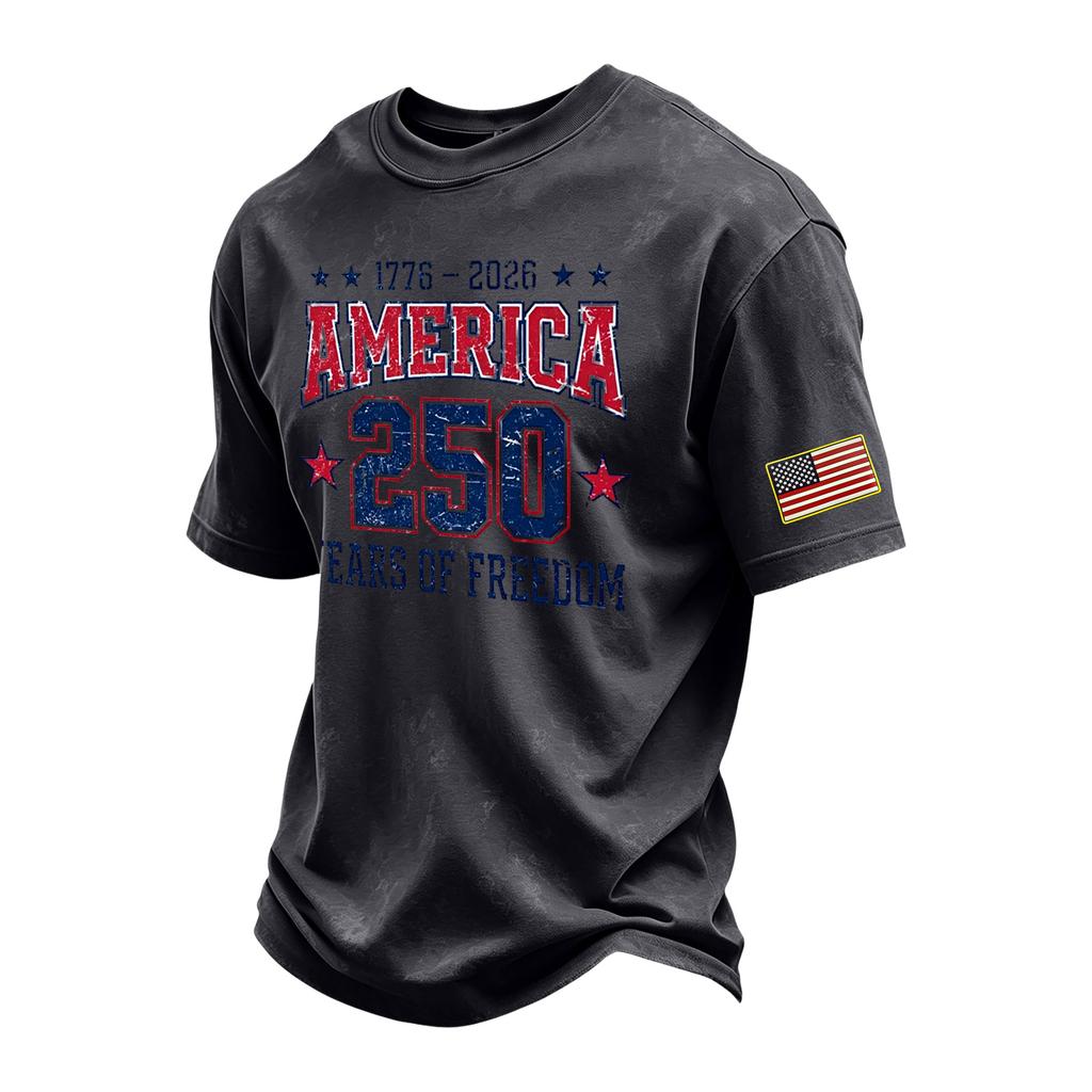 Men's Vintage Washed Crew Neck Short Sleeve T Shirt America 250 Years of Freedom Independence Day Graphic Tee Casual Fit