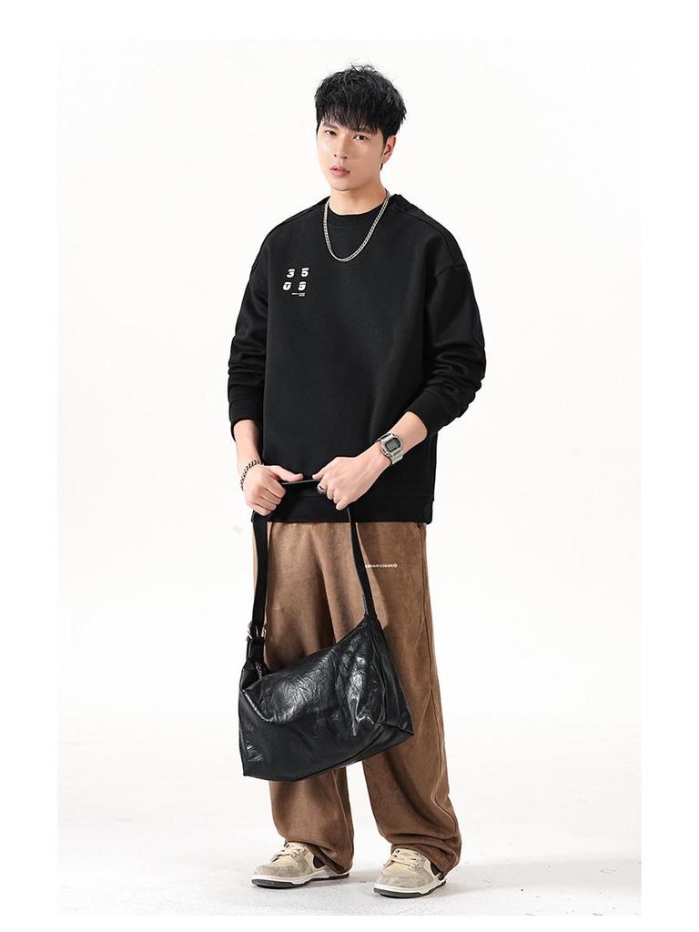 Men's Autumn Heavyweight Minimalist Double-Layer Collar Sweatshirt - Japanese Style, Spliced Round Neck, Trendy Loose Fit