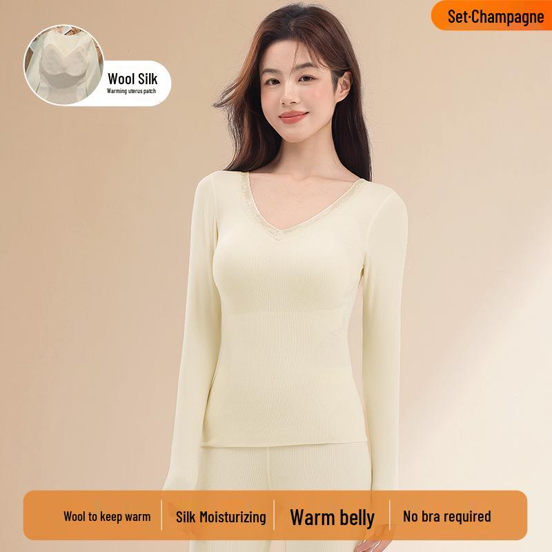 Women's Thermal Underwear Set with Padded Top, Fleece-Lined for Fall/Winter, Wool-Silk Blend