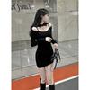 American Temperament Sexy Hottie Black Long-sleeved Dress Women's Clothing Winter New Slim-fit Stacked Hip-wrapped Short Skirt