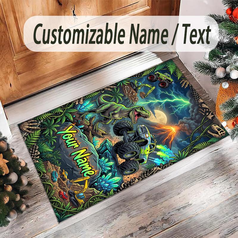 Monster Truck Theme Crystal Velvet Rug Personalized Custom Name Text Soft Floor Mat Home Decor