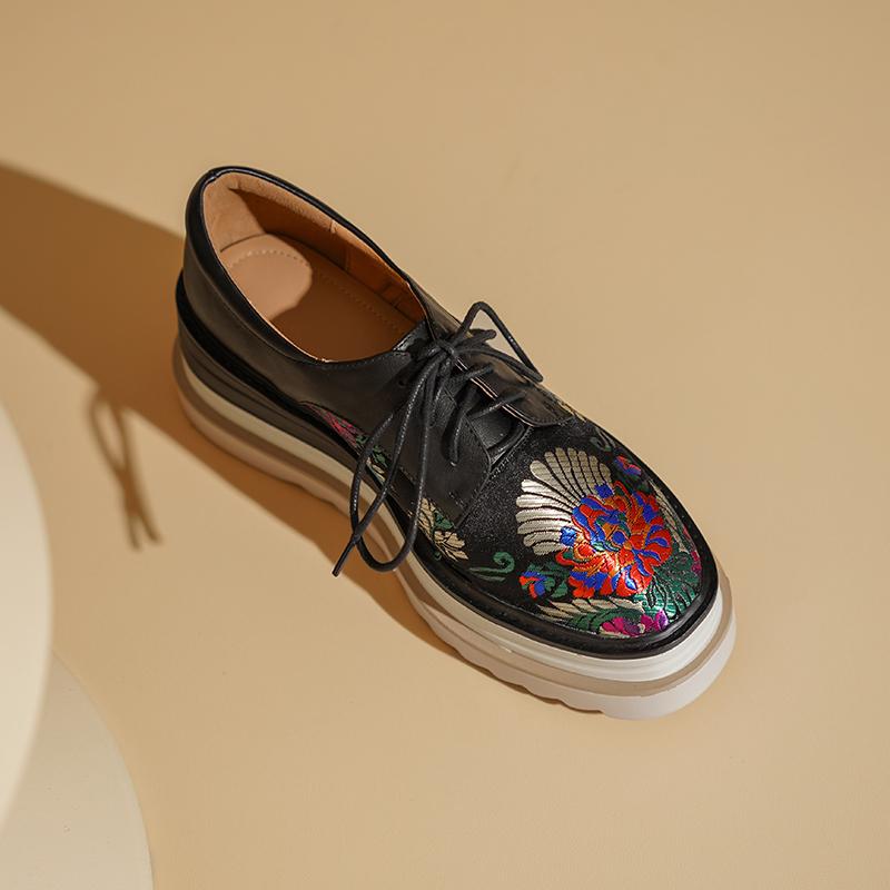 

Krazing Pot Stain Cow Skin Spring Autumn Wedges Women Thick Bottom Women Round Toe Embroidery Flat Platform Pumps 34 чёрный