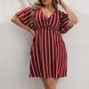 Mode Kurzarm Gestreift V-Ausschnitt Große Größe Kleid Elegante Damen Hohe Taille Lose Lässig A-Linie Party Kurzes Böhmisches Kleid Weibliche Damenbekleidung