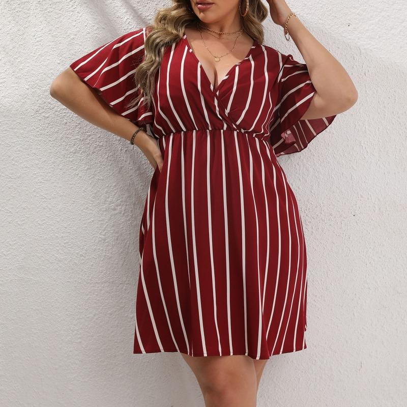 Mode Kurzarm Gestreift V-Ausschnitt Große Größe Kleid Elegante Damen Hohe Taille Lose Lässig A-Linie Party Kurzes Böhmisches Kleid Weibliche Damenbekleidung
