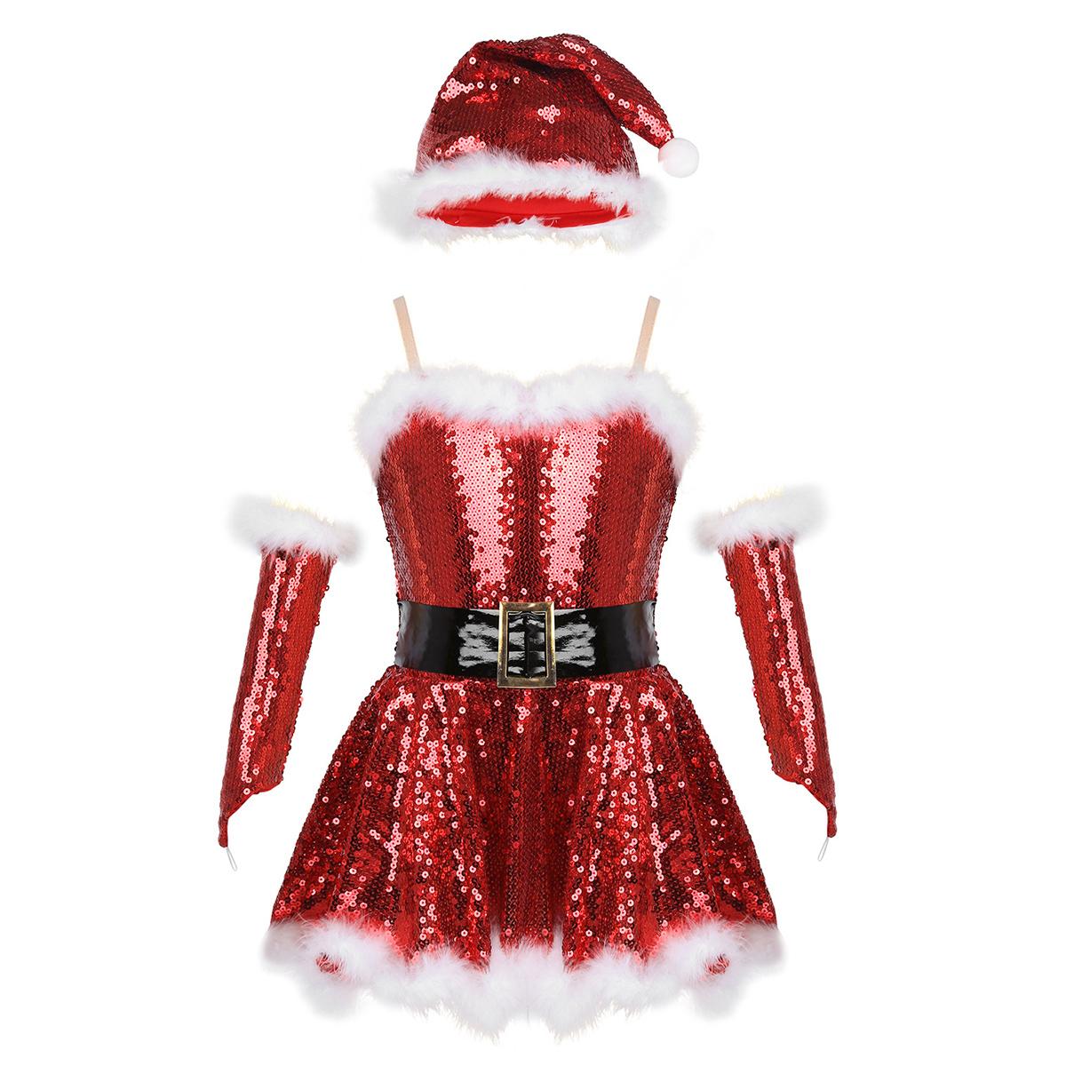 

Girls Christmas Santa Dance Costume Adjustable Spaghetti Straps Sequins Leotard Dress Hat Arm Sleeves 3-4 Years червоний