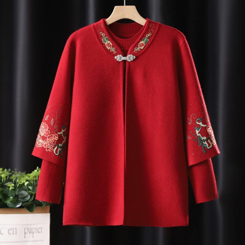 Mom's new knitted cardigan embroidered sweater jacket middle-aged lady spring and autumn top two-piece set