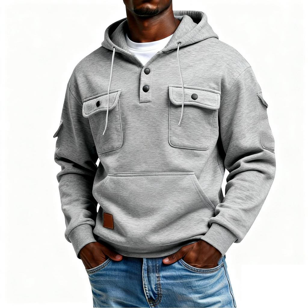 Men's Winter Solid Color Button-Down Collar Multi-Pocket Hoodie Men's Sports Plus Size Casual Sweatshirt
