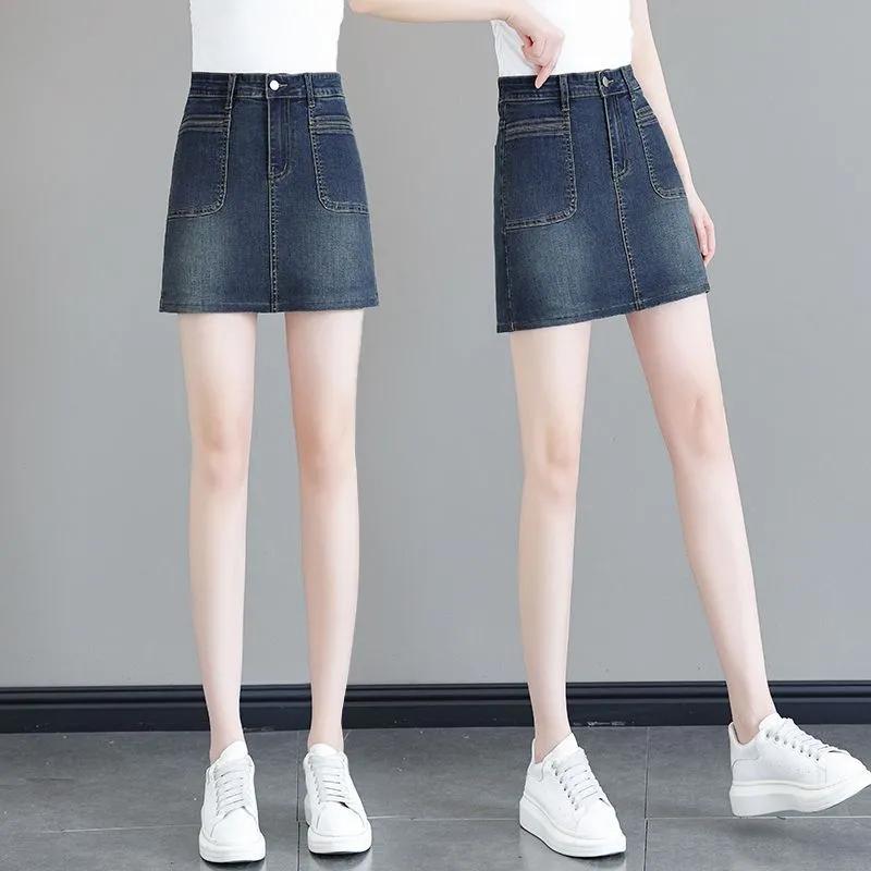 Women's Dark Blue Denim Mini Skirt High-Waisted Casual A-Line Jean Skirt with Pockets