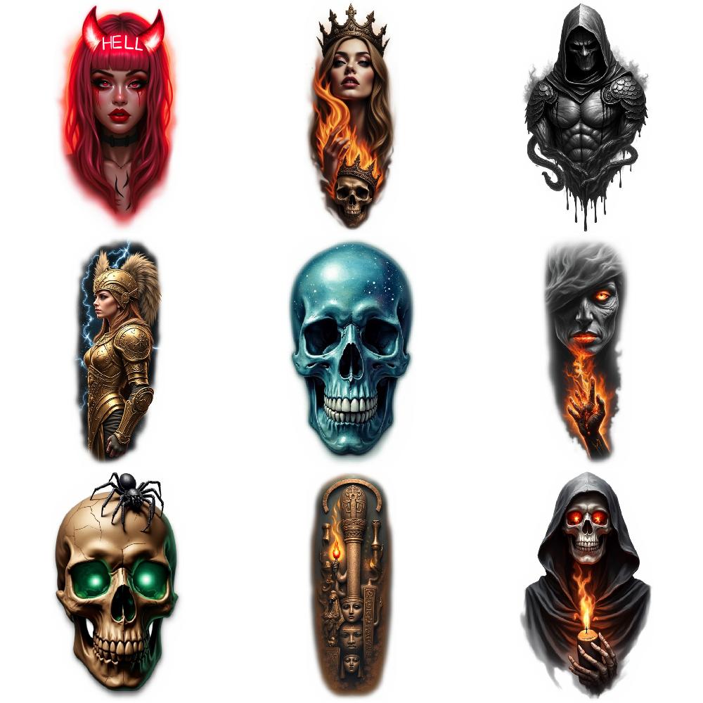 9pcs Temporary Tattoo Realistic Temporary Tattoos Butterfly Skull Raven Skeleton Cyborg Girl For Male Thighs Back