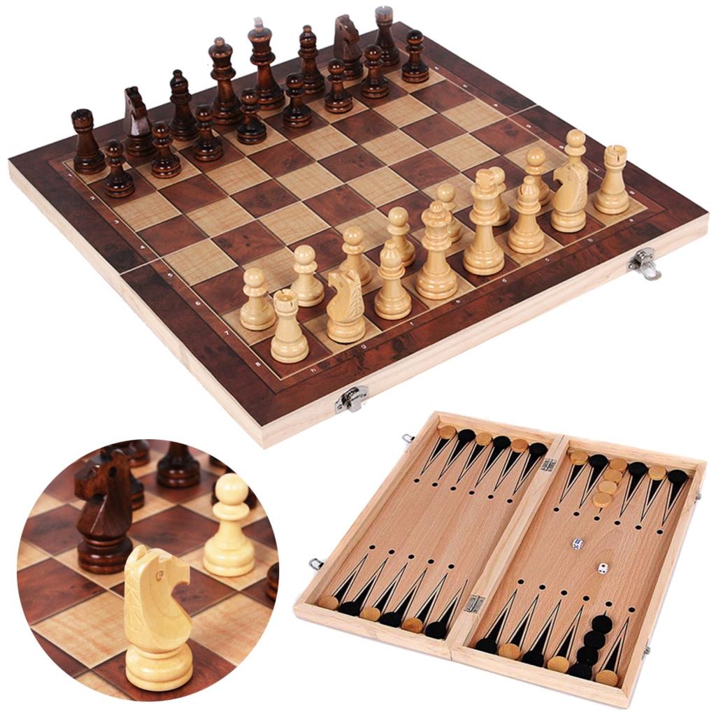 3 in 1 Hand Made Wooden Chess Draughts Backgammon Set 24cm x 24cm Travel Board