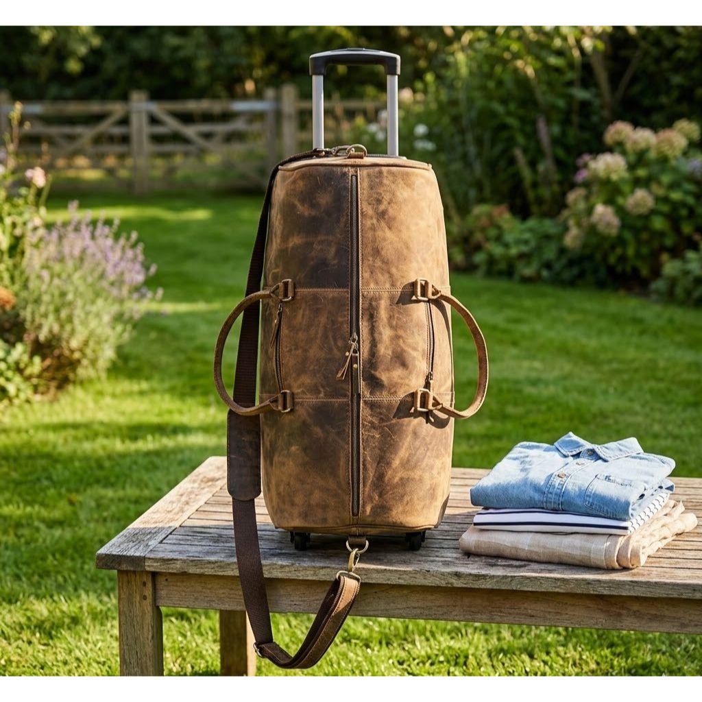 24 Inch Genuine Leather Trolly Duffel Travel Overnight Weekend Leather Bag Sports Gym Duffel Luggage Travel Bag For Men And Women