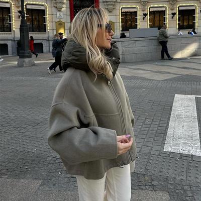 Női alkalmi kapucnis, húzózsinóros hosszú ujjú dzseki őszi téli divat cipzárral panelezett kabát rövid bő High Street felsőruházat