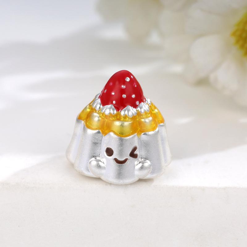 Sterling Silver 999 Afternoon Tea Series: Gold-Plated Strawberry Cake & Pudding DIY Jewelry Beads серебряный