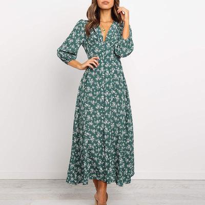 Ladies Autumn Printed V-Neck Long Sleeve High Waist Chiffon Dresses