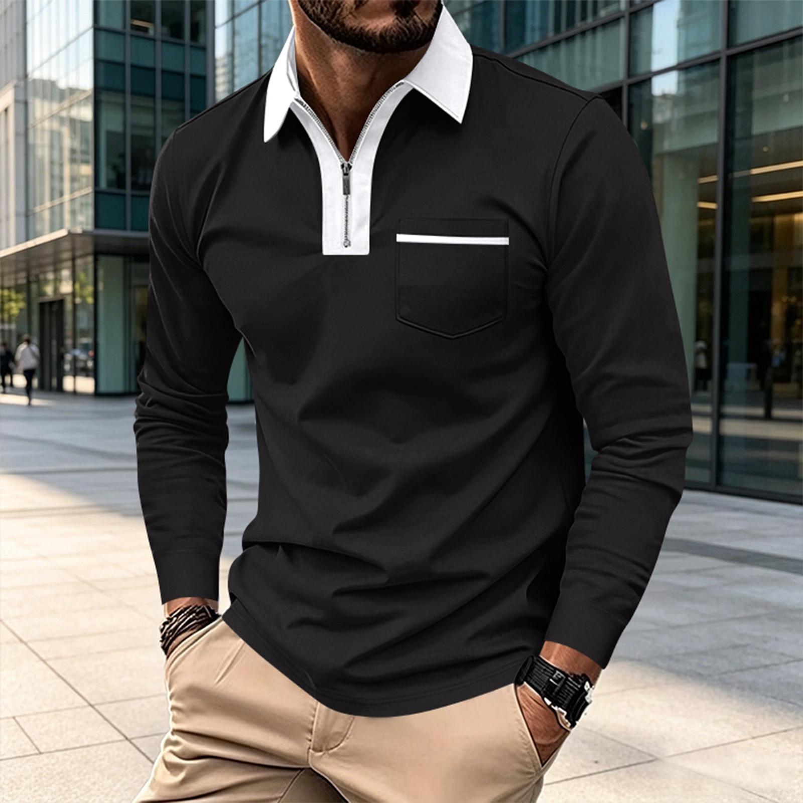 Men s Long Sleeve Shirt Slim Fit Color Block with Pocket L