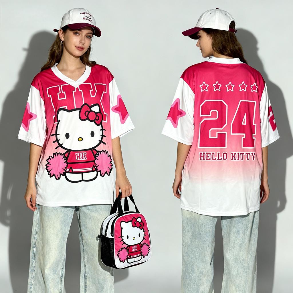 Hello Kitty baseball jacket, sweet and cool street style summer T-shirt, loose women's top.