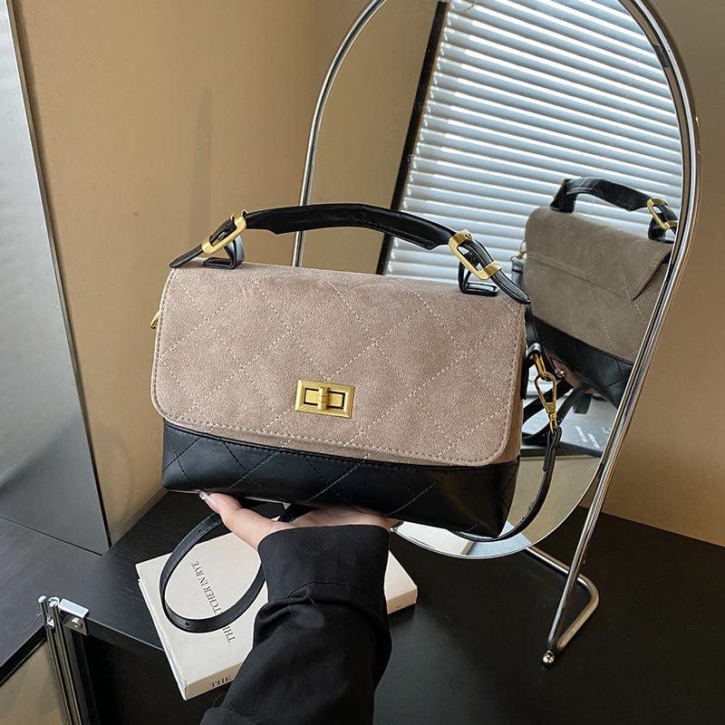 Contrasting Color Retro Suede Small Bag Women's New Versatile Messenger Bag Fashion Handbag Small Square Bag