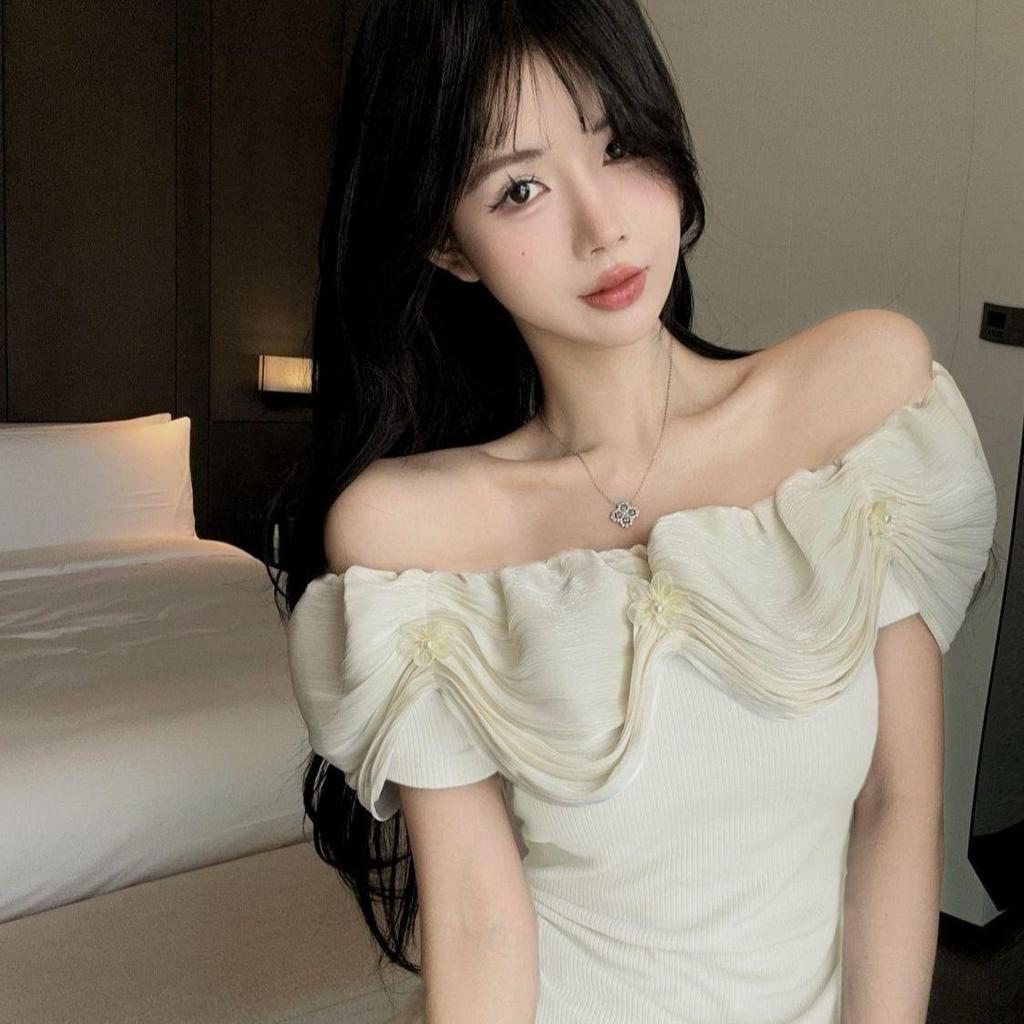 Women's French Floral Off-the-Shoulder Ruffle Top - 2025 Summer Hong Kong Style