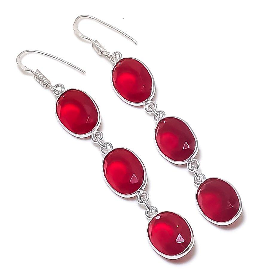 Natural Garnet Gemstone Handmade 925 Sterling Silver Earring 3.03" M7k07