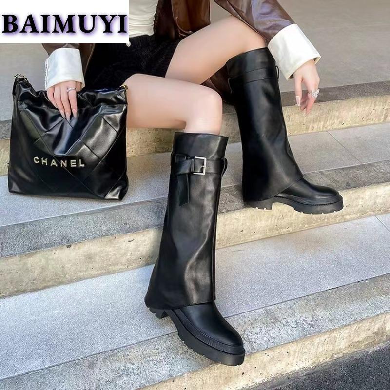 Trend Knee High Boots Chunky Women Shoes Winter 2025 New Leather Cozy Chelsea Boots Punk Gladiator Fashion Goth Snow Botas Mujer