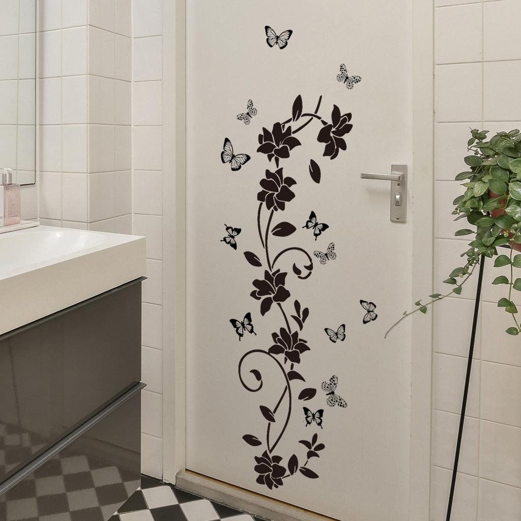Pure Black Flower Butterfly Bathroom Bathroom Door Sticker Bathtub Sticker Bedroom Background Wall Sticker Self-adhesive Wall Sticker