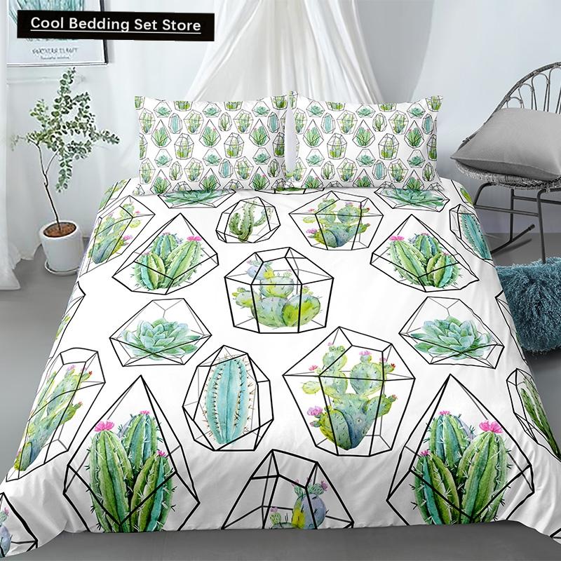 Cactus King Queen Duvet Cover Succulents Bedding Set for Kids Teens Adults Green Botanical Flowers 2/3pcs Polyester Quilt Cover