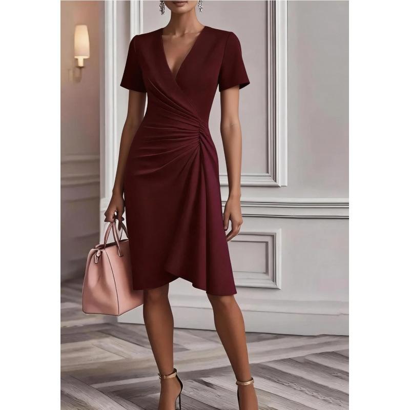 Women Fashion Cross V Neck Waisted Solid Short Sleeve Midi Dress