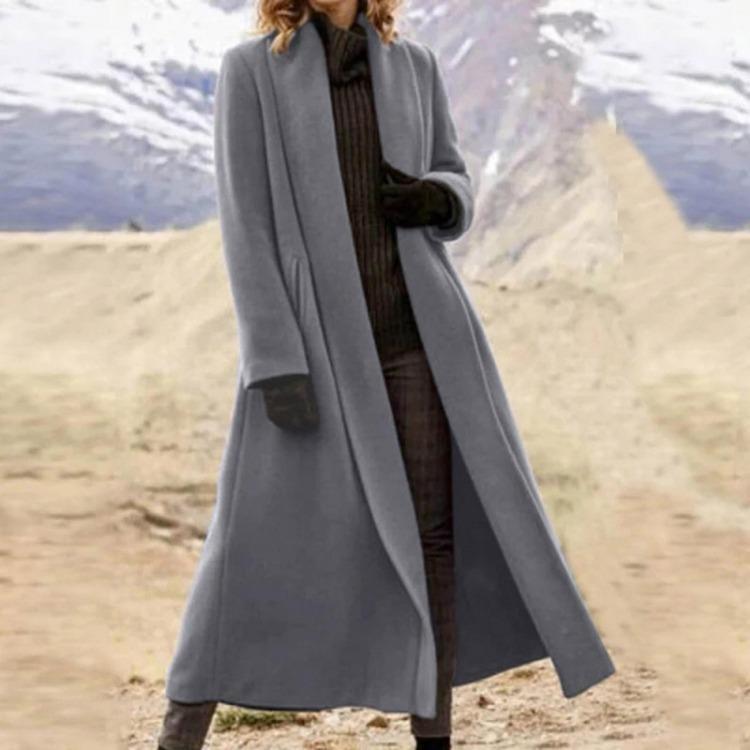 Fashion Casual Women Long Sleeve Solid Color Long Woolen Coat Outerwear