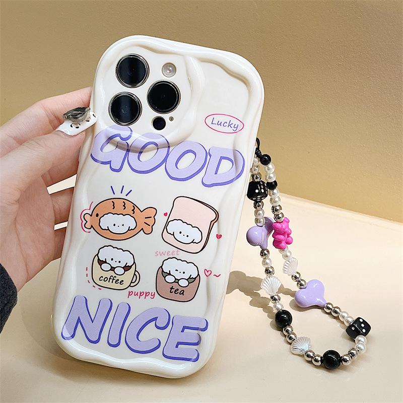 

Чехол для iPhone 11/12/13Pro/14/15ProMax с кремовым узором и браслетом iPhone 12 Mini