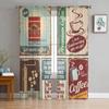 Vintage Text Coffee Tulle Curtains for Living Room Printed Sheer Voile Curtain Bedroom Window Screening Drapes Blinds Home Decor