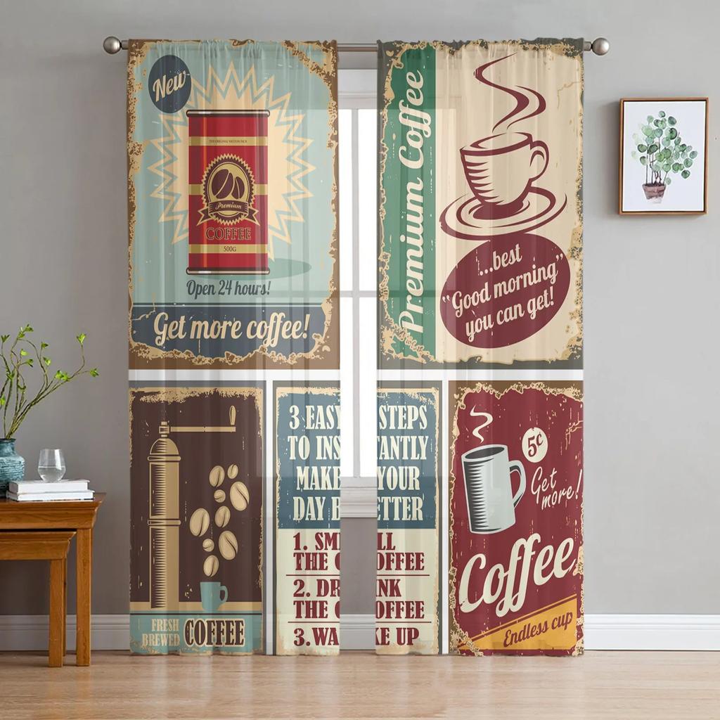 Vintage Text Coffee Tulle Curtains for Living Room Printed Sheer Voile Curtain Bedroom Window Screening Drapes Blinds Home Decor
