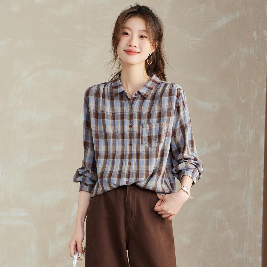 Women's Plaid Loose-Fit Cotton Long Sleeve Lapel Shirt - Spring & Autumn 2025