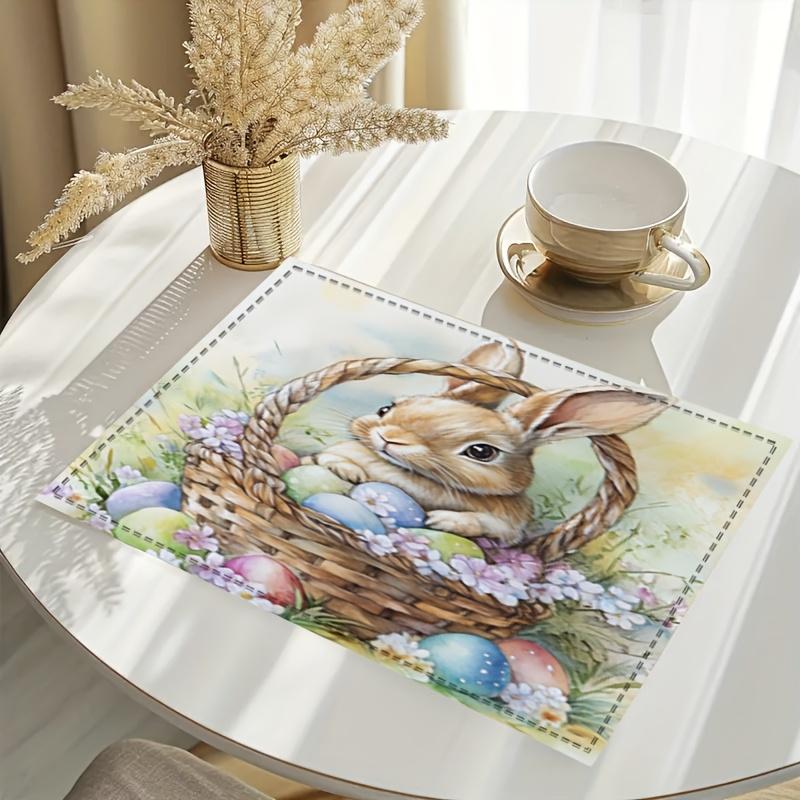 1PC A Cute Easter Bunny Placed In A Basket with Flowers and Eggs Placemat 30X45cm