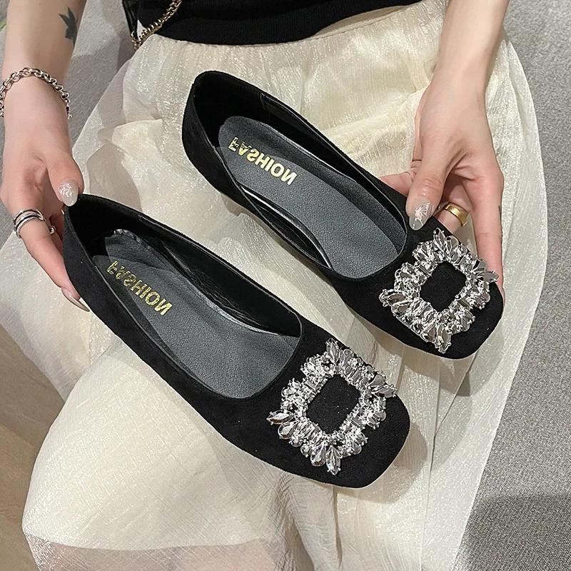 Fashion Women Square Heel Round Toe Crystal Pumps Plus Size 35-42 Black  Elegant Office Shoes For Ladies Comfortable Slip Ons 3.5cm