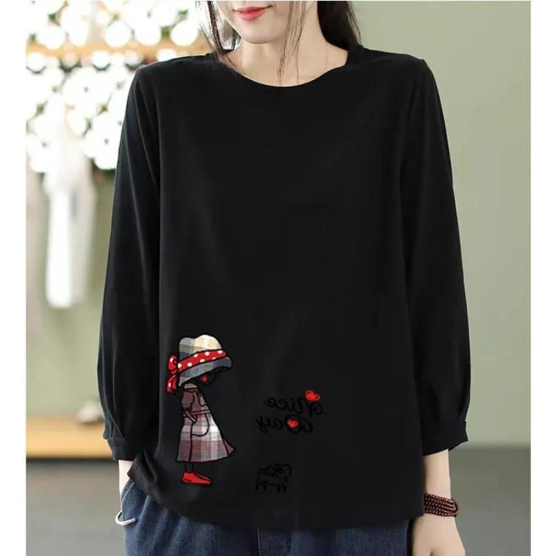 Bomulls T-shirt med nioärm för dam, vår och höst, koreansk stil, enfärgad, lös, plus size, rundhalsad topp