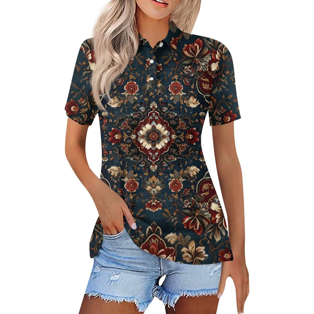 Women's Fashion Casual Lapel Short Sleeve Print Shirt Women's Button Up Tops