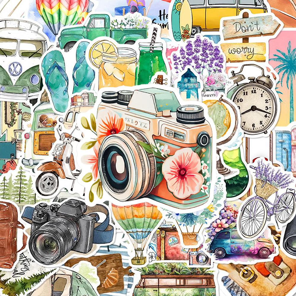 10/30/50pcs Retro Outdoor Travel Hiking Stickers Cartoon Watercolot Aesthetic Sticker Scrapbook Phone Suitcase Decals Decoration