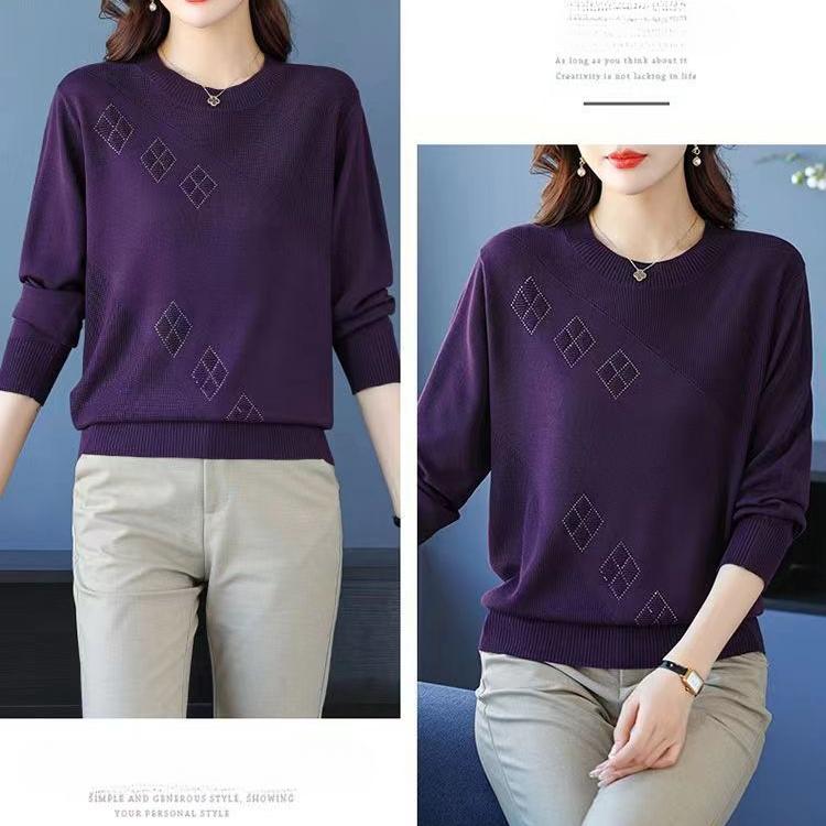 Fall Winter Women's Plus Size Sweater Long Sleeve Loose Crew Neck Knitwear Sweater Rhinestone Pullover Knit Top Stretch Jumper